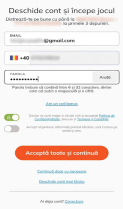 Introducerea adresei de e-mail și a numărului de telefon pe care le vei asocia cu contul Luck Casino