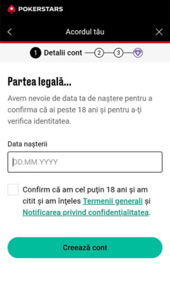 Introdu data nașterii pentru creeare contului PokerStars Casino