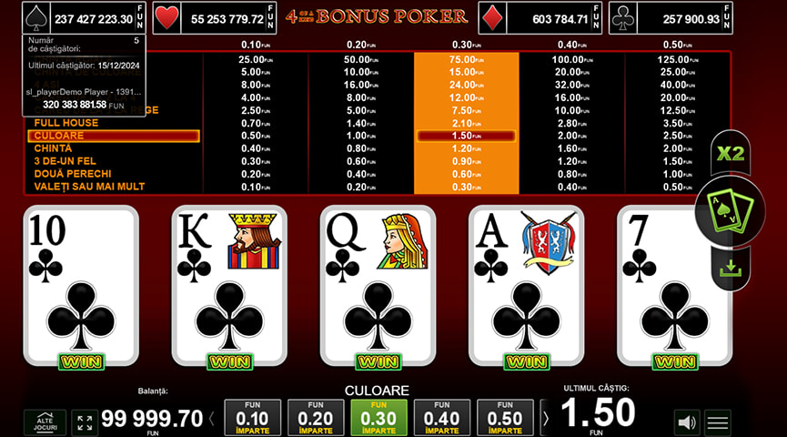 Ecranul de joc pentru 4 of a Kind Bonus Poker cu o mână de culoare câștigătoare.